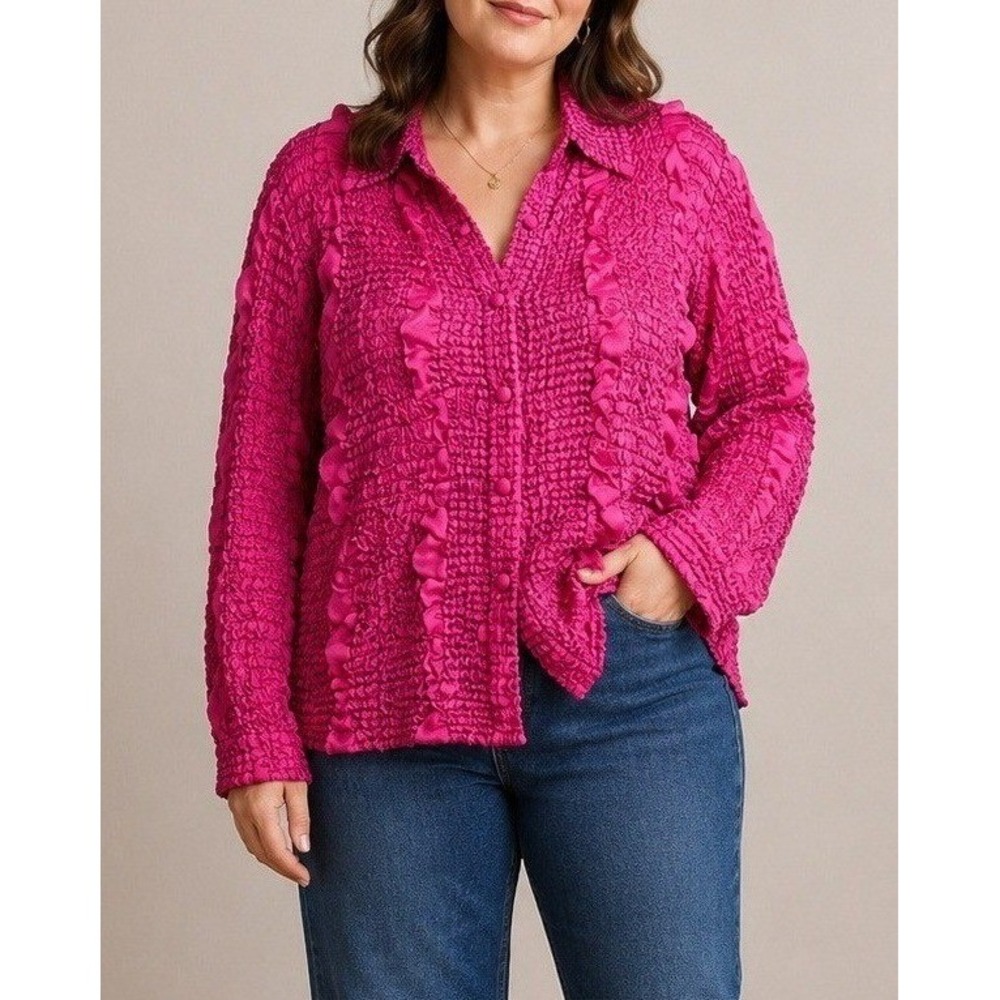 Satin Textured Button Up Popcorn Top Women XL Pink Stretch Statement Art to Wear